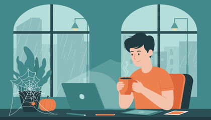 Man works from home on laptop during rainy autumn day enjoying warm drink Remote work concept