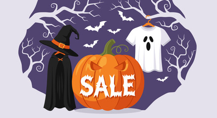 Halloween sale with spooky pumpkin witch costume and ghost outfit Perfect for seasonal promotions and holiday events