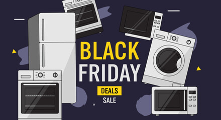 Black Friday Deals Sale banner featuring major household appliances illustration