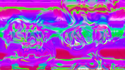Abstract psychedelic glitch waves with neon colors, distorted digital fluid texture and VHS scanline effect
