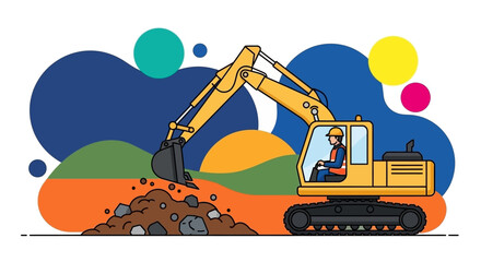 Construction worker operating a yellow excavator digging soil and rocks Industrial development graphic