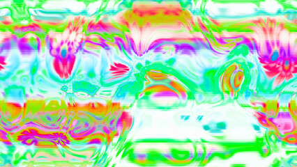 Abstract psychedelic glitch waves with neon colors, distorted digital fluid texture and VHS scanline effect