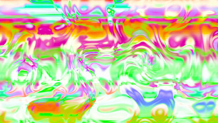 Abstract psychedelic glitch waves with neon colors, distorted digital fluid texture and VHS scanline effect