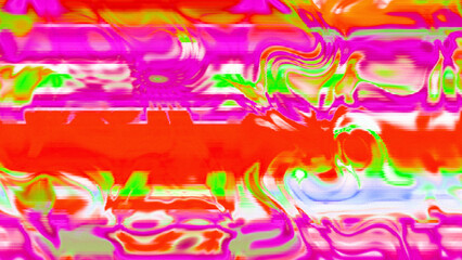 Abstract psychedelic glitch waves with neon colors, distorted digital fluid texture and VHS scanline effect