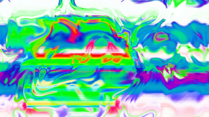 Abstract psychedelic glitch waves with neon colors, distorted digital fluid texture and VHS scanline effect