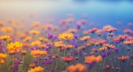 Vibrant field of colorful flowers with soft focus and diffused sunlight