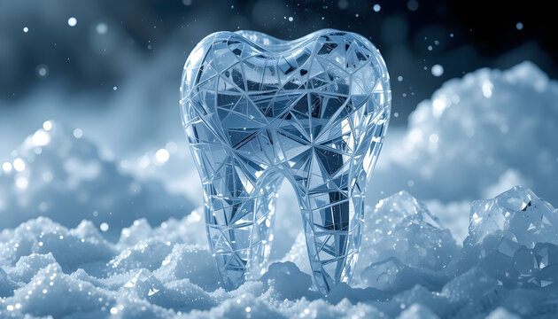 Faceted Crystal Ice Tooth in Snow and Extreme Cold