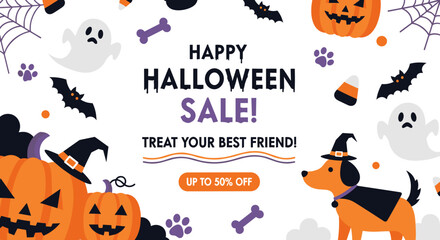 Festive Halloween sale graphic with pumpkins ghosts bats and a dog in a witch hat Ideal for petrelated promotions
