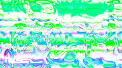 Abstract psychedelic glitch waves with neon colors, distorted digital fluid texture and VHS scanline effect
