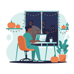 Man working on laptop at home office with festive autumn decor and city view at night