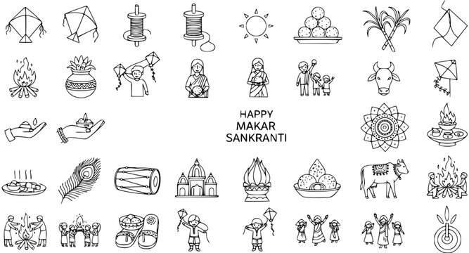 Makar Sankranti Festival Line Art Icons Set. Happy Uttarayan, Pongal, Lohri Holiday Symbols Collection with Kites, Sun, Sweets, Bonfire, and Cows in Outline Style.