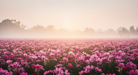Fototapeta premium Serene Pink Cosmos Field Bathed in Golden Sunrise Mist, Silhouetted Figures in Distance
