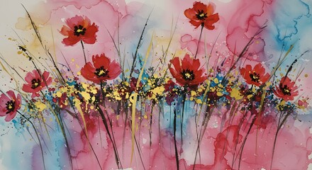 Watercolor floral artwork featuring red poppies and colorful abstract background