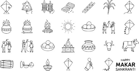 Makar Sankranti and Pongal festival outline icon set. Hindu harvest celebration elements: kites, sweets, sun, bonfire, sugarcane, temple, cow, lamps. Line art vector illustration.