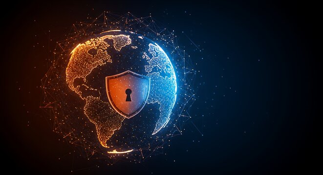 Glowing digital earth with protective shield vibrant neon light network security concept