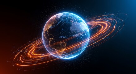 Abstract cosmic ringed planet glowing nebula orbits futuristic digital art space