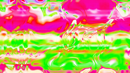 Abstract psychedelic glitch waves with neon colors, distorted digital fluid texture and VHS scanline effect