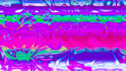 Abstract psychedelic glitch waves with neon colors, distorted digital fluid texture and VHS scanline effect