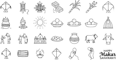 Obraz premium Makar Sankranti, Pongal, Lohri Festival Line Icons Set: Kites, Sun, Sweets, Bonfire, Sugarcane, Cow, Traditional Celebration Vector Art.