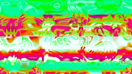 Abstract psychedelic glitch waves with neon colors, distorted digital fluid texture and VHS scanline effect