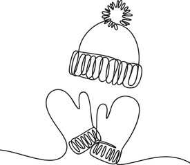 Continuous one line drawing of mittens and wool hat symbolizing simple cozy winter fashion elements in minimalist seasonal art style