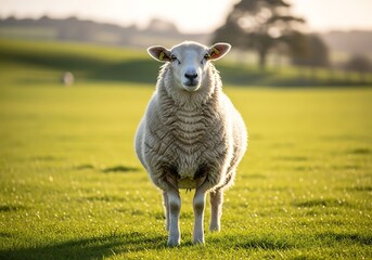 A single white sheep stands prominently in a sunlit green pasture, looking directly at the viewer with a serene expression.