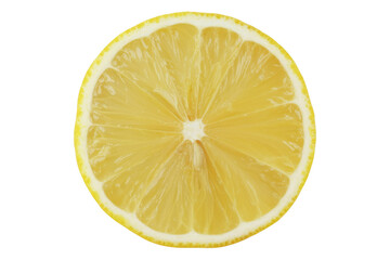 A perfect cross-section of a juicy lemon, showcasing its vibrant yellow segments against a deep transparent background. background removed