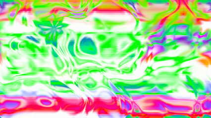 Abstract psychedelic glitch waves with neon colors, distorted digital fluid texture and VHS scanline effect
