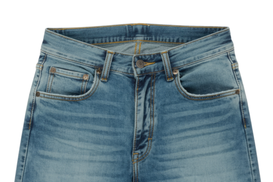 Close-up view of a pair of light blue jeans, showcasing the waistband, pockets, and button. background removed