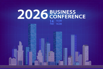 A vector banner for a 2026 business conference featuring a blue city skyline. This professional template is perfect for a corporate website, real estate event, or a finance presentation.