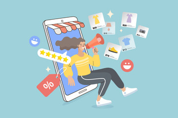 An influencer promotes a mobile shop with a megaphone. This concept shows a sale, product catalog, and 5-star rating, symbolizing e-commerce marketing, customer feedback, and a great user experience.