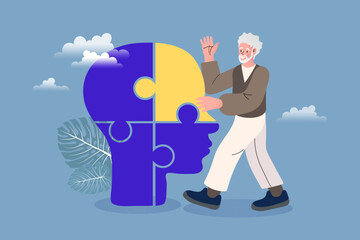 A senior man puts the final piece into a mind puzzle. This illustration represents psychology, therapy, finding clarity, and solving mental problems. A powerful concept for brain health and wellness.