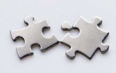 Obraz premium Two silver jigsaw puzzle pieces, nearly connecting, against a bright white background