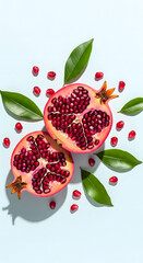 A freshly cut pomegranate on white surface, juicy red seeds