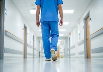Healthcare Worker Walking Down Hospital Corridor