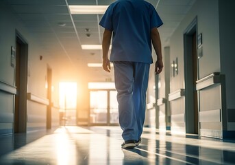 Obraz premium Doctor Walking Down Hospital Corridor Towards Light