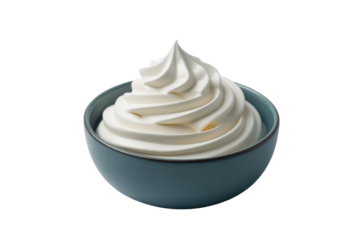 A bowl of creamy, whipped topping swirls in a teal bowl, isolated on a transparent background. background removed