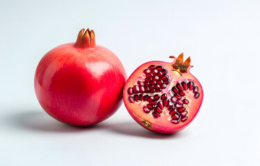 Fresh whole and cut pomegranates on white surface, juicy red seeds