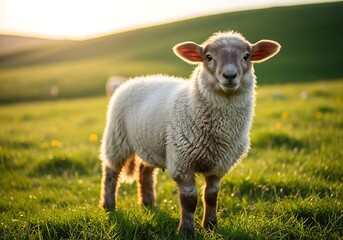 Obraz premium A cute young lamb stands in a vibrant green field bathed in the warm glow of a setting sun.