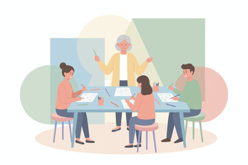 Senior instructor teaching adult students drawing Creative learning hobbies and intergenerational activity