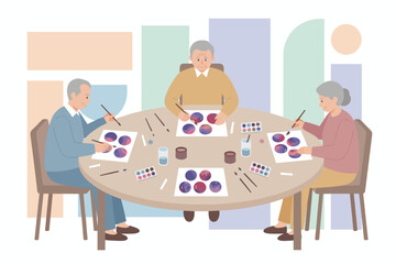 Seniors happily engage in watercolor painting enjoying a creative and relaxing hobby together