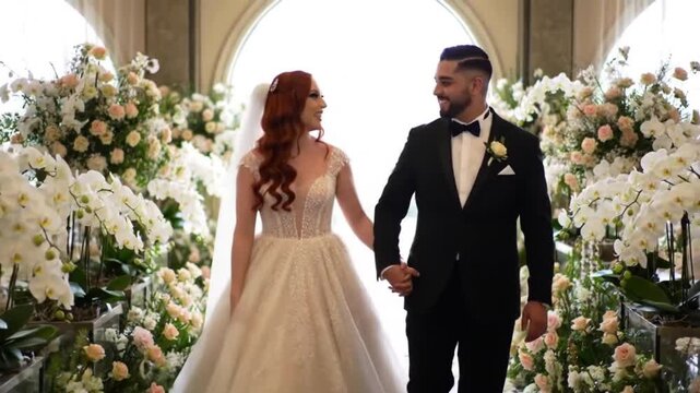 Elegant Bride and Groom's Romantic Wedding Processional:  4K Cinematic Footage