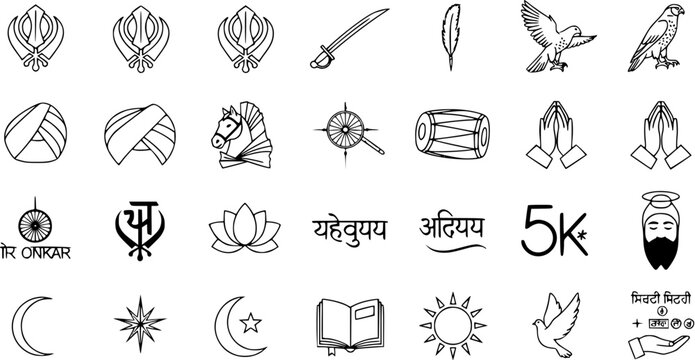 Sikhism, Indian Cultural, and Diverse Religious Symbols Set. Featuring Khanda, turbans, Ik Onkar, Gurus, Lotus, Moon, Sun, sword, falcon, book, praying hands, and text icons.