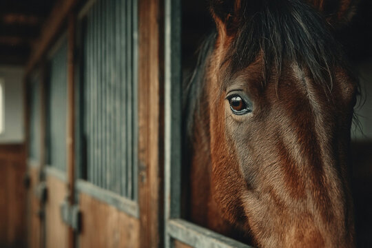 Modern tidy stable with a stallion looking out from its stall in a film setting