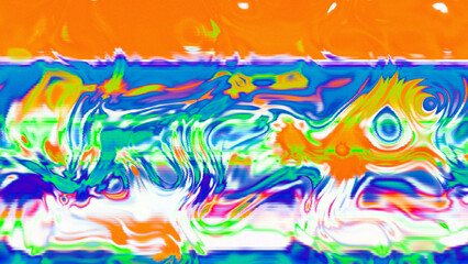 Abstract psychedelic glitch waves with neon colors, distorted digital fluid texture and VHS scanline effect