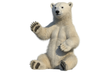 Adorable polar bear cub sitting, waving paw, transparent background. background removed