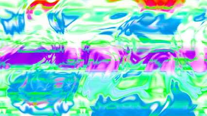 Abstract psychedelic glitch waves with neon colors, distorted digital fluid texture and VHS scanline effect