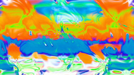 Abstract psychedelic glitch waves with neon colors, distorted digital fluid texture and VHS scanline effect