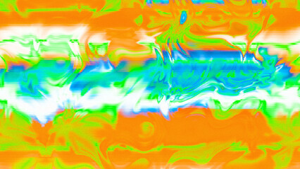 Abstract psychedelic glitch waves with neon colors, distorted digital fluid texture and VHS scanline effect
