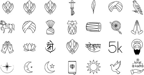Sikhism Symbols  Cultural Icons Set: Khanda, Turbans, Kirpan, Gurus, Guru Granth Sahib, Ek Onkar, Waheguru, 5 Ks